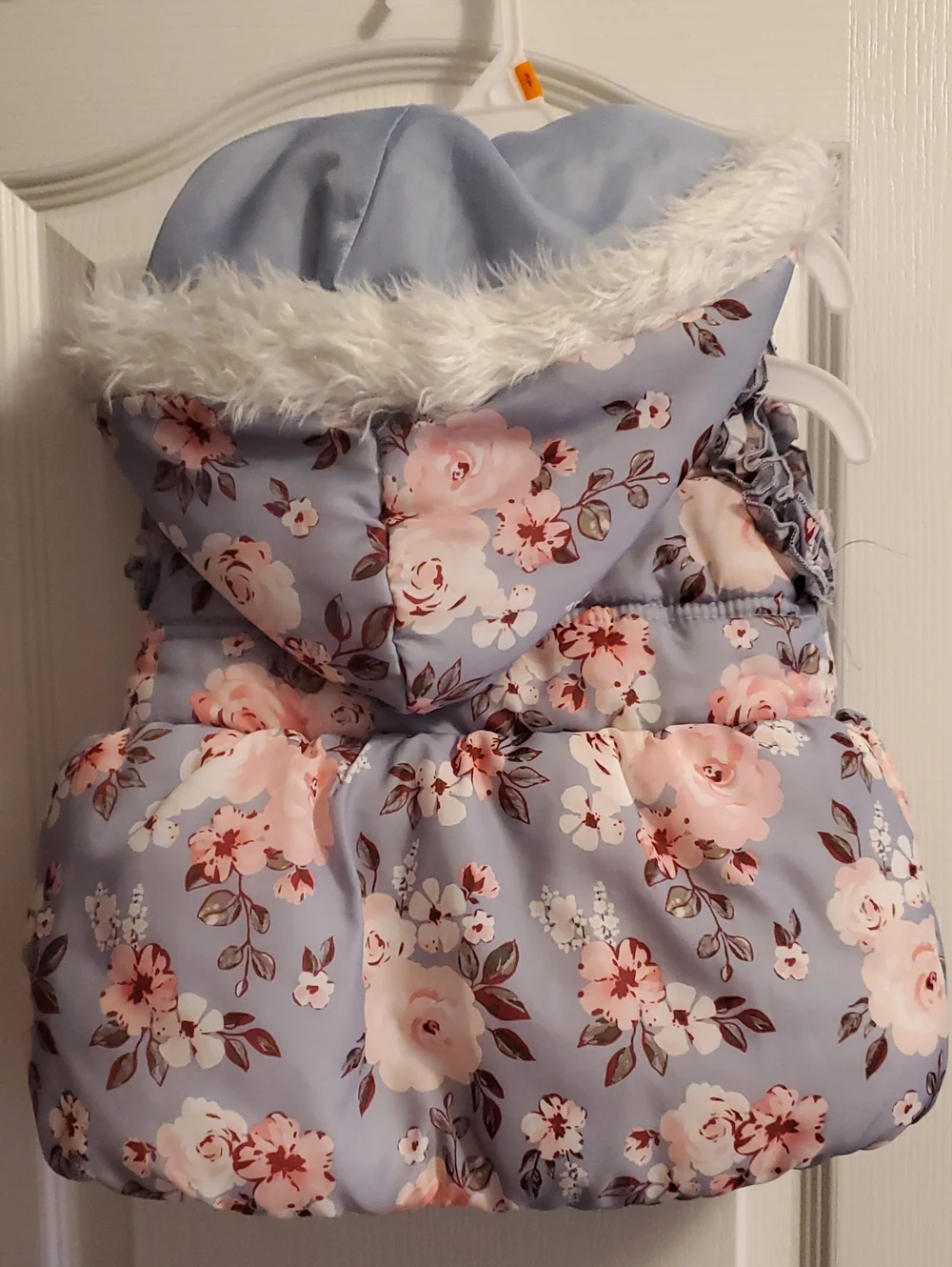 Light Blue Floral Puffy Vest with Faux Fur Hood